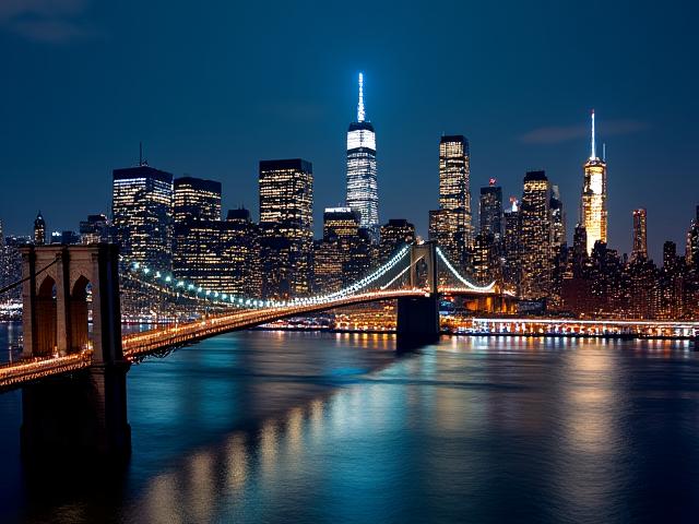 Skyline di New York di notte con luci scintillanti